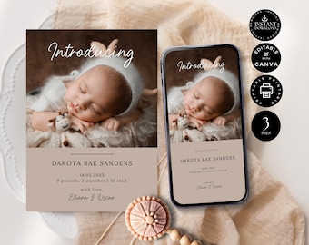 Birth Announcement Template, Newborn Baby Card with Photo, Welcome Card New Baby Girl, Printable, Edit, Instant Download, Canva 3 Sizes, B2b