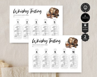 Modello di scheda per punteggi di degustazione di whisky, serata di degustazione di whisky, stampabile e modificabile, modifica in Canva 2 dimensioni 1-10, download immediato, P13f