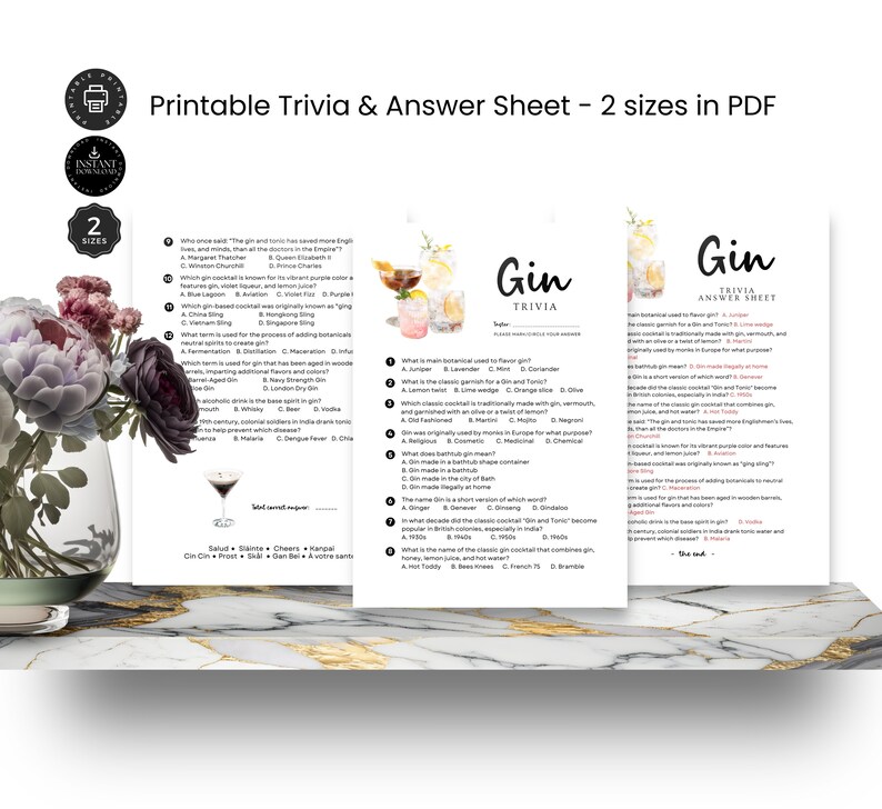 Gin Trivia Quiz & Answer, Gin Blind Tasting Night, Home Party, Gin