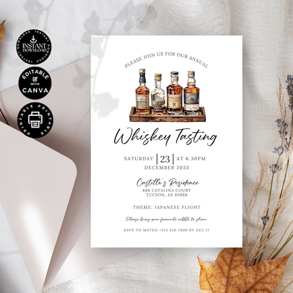 Whiskey Tasting Home Party Invitation Template, Scotch  Whisky Night, Bachelor Invite, Printable, Edit in Canva 5x7", Instant Download, P21