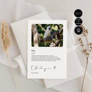 Carte de remerciement classique minimaliste moderne au vétérinaire, toile modifiable 5 x 7 pouces, cacatoès, oiseaux, téléchargement immédiat bricolage, cadeau vétérinaire pour animaux de compagnie, TY37