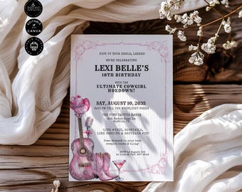 Plantilla de invitación para 18.º cumpleaños, vaquera del oeste, cócteles, fiesta de baile, mujer, invitación para niñas y damas, Canva, 13 x 18 cm, imprimible, BD120