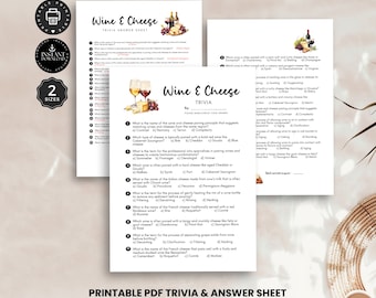 Wine and Cheese Trivia Quiz & Answer, Wine Cheese Tasting Night, Home Party Games, Fun DIY Party, Printable pdf 2 sizes, Inst Download, TR01