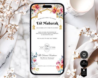 May include: A digital invitation for an Eid Mubarak celebration with a floral design and gold accents. The invitation includes the date, time, and location of the event. The text reads "Eid Mubarak" and "From our family to yours".