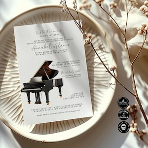 May include: A white invitation card with black text announcing a piano recital for Annabel Adams. The event will take place on August 12th, 2005 at 6:30 PM at The Melody Hall in Crescendo City. The invitation features a black and white illustration of a grand piano.