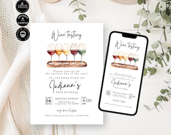 Modern Wine Tasting Invitation Template, 30th Birthday Party Invite, Printable Card, Digital Phone, Canva 2 sizes, Instant Download, BD44b