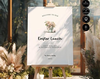 Modelo de placa de boas-vindas para festa de almoço de Páscoa, entrada para celebração de caça aos ovos, decoração, evento familiar, Canva 6 tamanhos para impressão, download instantâneo, ET02c