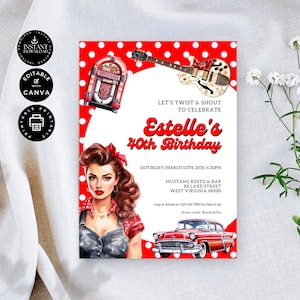 Nowoczesny szablon zaproszenia na przyjęcie urodzinowe w stylu retro rockabilly, motyw lat 50., zaproszenie na 40. urodziny, do druku, do pobrania, edycja w Canva 5x7", BD36