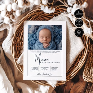 Birth Announcement Template, Newborn Baby Card with Photo, Welcome Card New Baby Boy, Printable,  Edit in Canva 5x7", Instant Download, B04