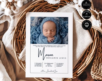 Birth Announcement Template, Newborn Baby Card with Photo, Welcome Card New Baby Boy, Printable,  Edit in Canva 5x7", Instant Download, B04