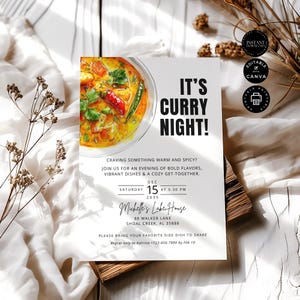 Plantilla de invitación para cena de noche de curry, reunión, reunión de amigos y familiares, imprimible, editable en Canva, 5 x 7", EC06
