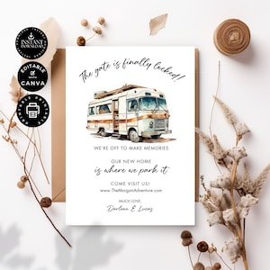 Modello di biglietto di annuncio di viaggio, nuova casa, avventure in camper per famiglie, viaggio con stile, stampabile, modifica Canva 5x7", download istantaneo, NH02