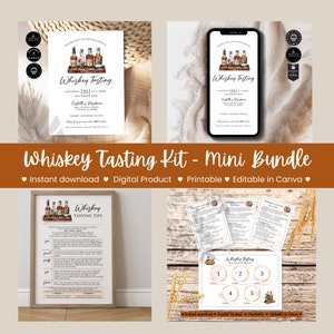 Plantilla de kit de degustación de whisky, mini paquete, noche de whisky escocés, fiesta en casa, cumpleaños, soltero, imprimible, edición de Canva, descarga instantánea, P21q