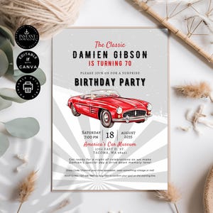 Faire-part 70e anniversaire voiture rouge classique, dîner, boissons et invitation à une soirée dansante, modèle sur toile 5 x 7 po, imprimable, téléchargement immédiat, BD64