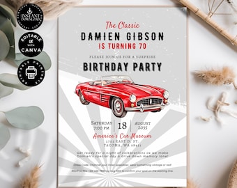 May include: A red and white birthday party invitation with a vintage red car illustration. The text reads "The Classic Damien Gibson is turning 70. Please join us for a surprise birthday party. Saturday, August 18, 2035, 7:00 PM, America's Car Museum, 2702 East D. St., Tacoma, WA 98421. Get ready for a night of celebrations as we make Damien's special day a drive down memory lane! Dress Code: Channel your inner speedster, wear something vintage or red! RSVP to Mia +123 456 7890 by Aug 10th to confirm your spot on the starting line."