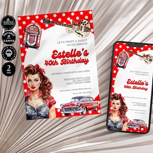 Moderne Retro Rockabilly Party Einladung Vorlage, 50er Jahre Thema, druckbare 40