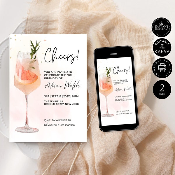 Moderne bearbeitbare Cocktail-Geburtstags-Party-Einladung, druckbare Karte für Erwachsene, digitale Telefoninvite, Instant Download, Canva 2 Größen, BD03.2