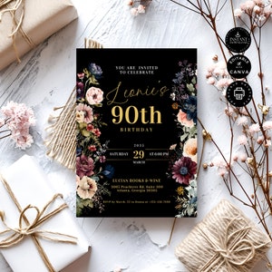 Faire-part d'anniversaire floral de mauvaise humeur, 90e invitation, cocktail dînatoire, adulte, modèle de toile modifiable 5 x 7", imprimable, téléchargement immédiat, BD63