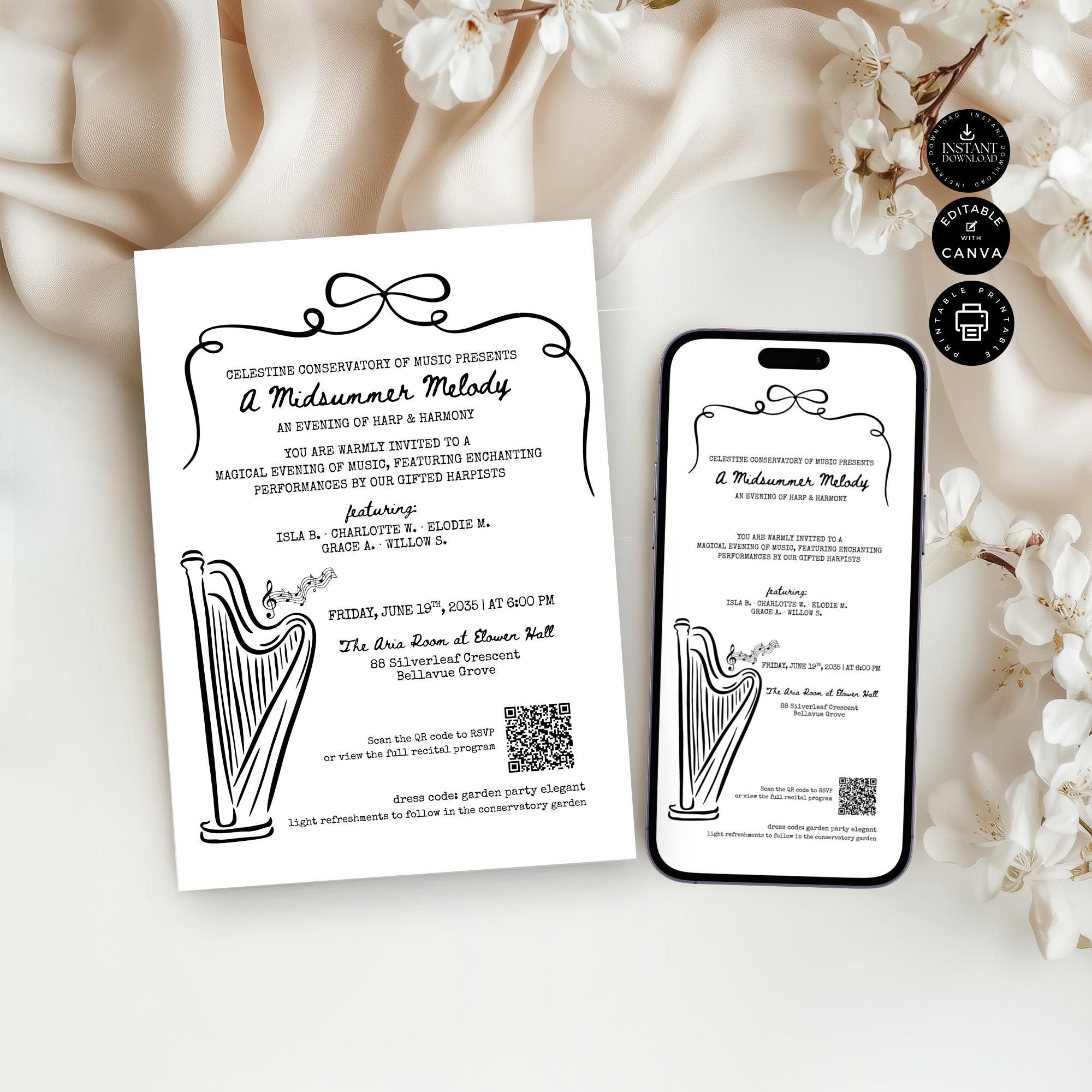 Voice Lessons Invites Harp Recital Invitation & Evite Template, Printable, Musical Event E ...