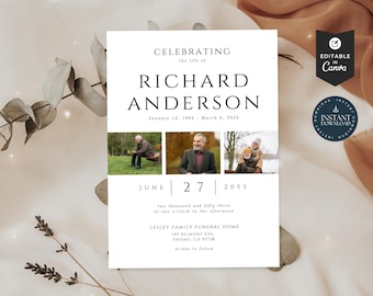 Simple Celebration of Life Invitation Template |Editable Canva 5x7inch | Funeral Announcement  | Printable Memorial Service F02.8