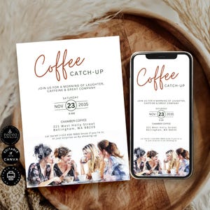 Inbjudan till kaffeträff för damer, mall för tjejdejt, träff med vänner, digital utskrivbar text, e-post, SMS, redigering på canvas, storlek I02b