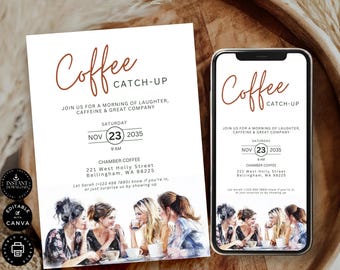 Convite para encontro de café feminino, modelo de encontro de meninas, encontro de amigos, texto digital para impressão, e-mail SMS, edição Canva 2 tamanho I02b