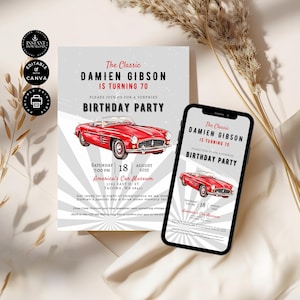 Modern Editable Classic Red Car Party Invite, 70th Evite Birthday, Invite Evite, Printable, Digital Phone, Canva 2 sizes, Ins Download, BD64