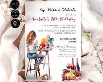 Paint and Sip 21th Birthday Party invitation customizable template, Instant Digital Download, Printable, Card, Editable Canva 5x7inch, BD79B