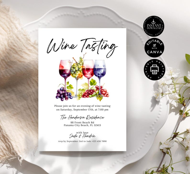 Plantilla de invitación para cata de vinos, fiesta del vino, invitación para cata de vinos a ciegas, fiesta casera, edición imprimible en Canva de 5 x 7 pulgadas, descarga instantánea, P04 imagen 5