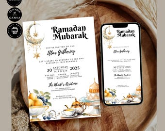 May include: A printable Ramadan Mubarak invitation with a gold crescent moon and stars design. The invitation includes details for an Iftar gathering on Saturday, March 30, 2025, at The Abadi's Residence. The invitation also includes a mobile phone mockup with the same design.