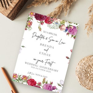 Tarjeta de primer aniversario, celebración de la primera boda, hija, yerno, tarjeta personalizada, Canva editable, 5 x 7 pulgadas, descarga instantánea imprimible AC2