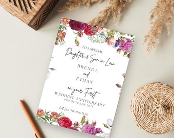 Cartão de primeiro aniversário, celebração de primeiro casamento, filha, genro, cartão personalizado, Canva editável 5x7 "para impressão, download instantâneo AC2