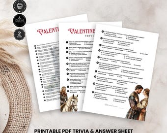 Quiz e respostas sobre curiosidades do Dia dos Namorados Medieval, jogo de festa para casais, atividade com tema de amor de cavaleiros, impressão em PDF tamanho 2, download instantâneo, TR25d