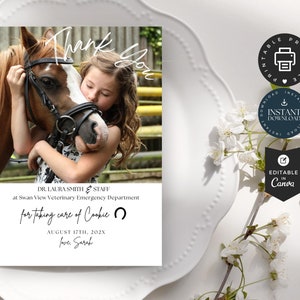 Bedankkaart aan dierenarts | Bewerkbaar canvas van 5 x 7 inch | Love Pet Horse-foto, dierenziekenhuis, afdrukbare instant download, cadeau voor dierenarts TY03
