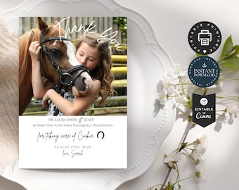Thank You Card to Veterinarian | Editable Canva 5x7in | Love Pet Horse Photo, Animal Hospital, Printable Instant Download, Gift For Vet TY03