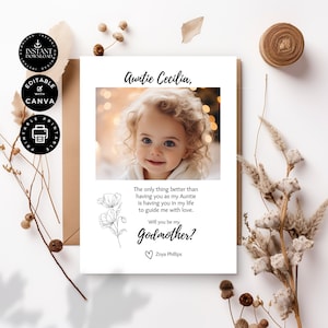 Modelo de cartão de proposta clássico Você será minha madrinha, menina, Canva editável 5x7 polegadas, festa de casamento, download instantâneo para impressão, GM03