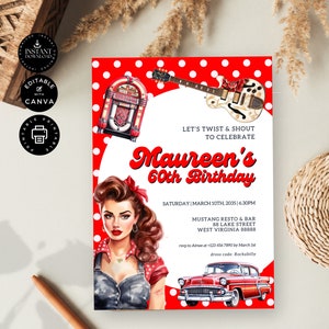 Sjabloon voor uitnodiging voor verjaardagsfeestje moderne retro rockabilly, jaren 1950 thema, 60e kaart uitnodigen, afdrukbaar, inst downloaden Bewerken in Canva 5 x 7", BD38