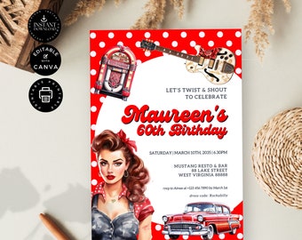 Modern Retro Rockabilly Birthday Party Invitation Template, 1950s theme, 60th Card Invite, Printable, Inst Download Edit in Canva 5x7", BD38