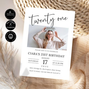 Modern Editable 21st Birthday Party Invitation, Ladies Dinner Party Invite, DIY, Editable, Printable, Instant Download, Canva 5x7 inch, BD19