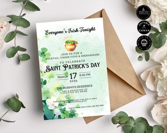 St Patrick Day Party Invitation Template, Saint Patrick, Irish Celebration Card, Printable Invite, Edit with Canva 5x7", Inst Download, E52