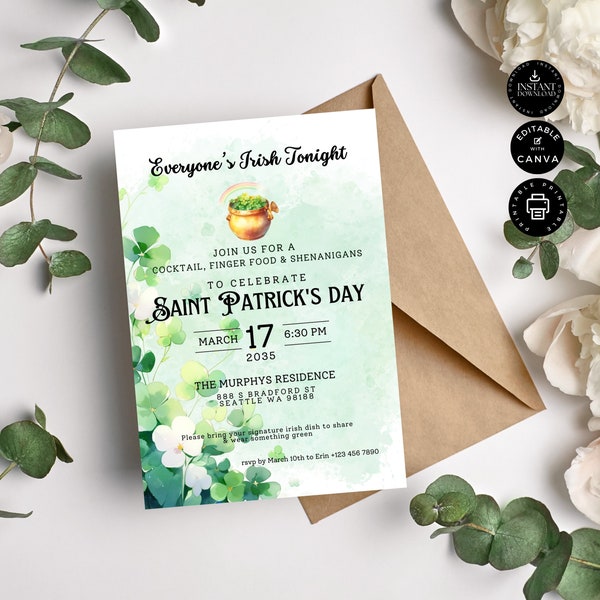 St Patrick Day Party Invitation Template, Saint Patrick, Irish Celebration Card, Printable Invite, Edit with Canva 5x7", Inst Download, E52