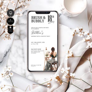 May include: A digital invitation for an 18th birthday party with a paint and sip theme. The invitation features a woman painting on a canvas with a glass of wine in her hand. The text on the invitation reads "Brush & Bubbly 18th Birthday. Join us for a paint & sip party to celebrate Kathleen's birthday with a creative twist! Sat 30th August | 2035 at Four PM. Bar Next Door 9159 Sunset Boulevard West Hollywood CA 90069."