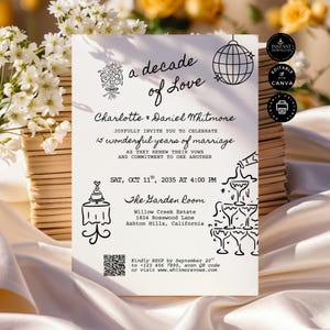 Hand Drawn Wedding Vow Renewal Party Invitation Template, 15th Anniversary, Classic, Elegant, Editable, Printable, Invite, Canva 5x7&quot;, VR48