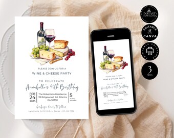 Convite moderno editável para festa de aniversário de vinho e queijo, 40º cartão para impressão, convite para telefone digital, download instantâneo, Canva 3 tamanhos, BD21b