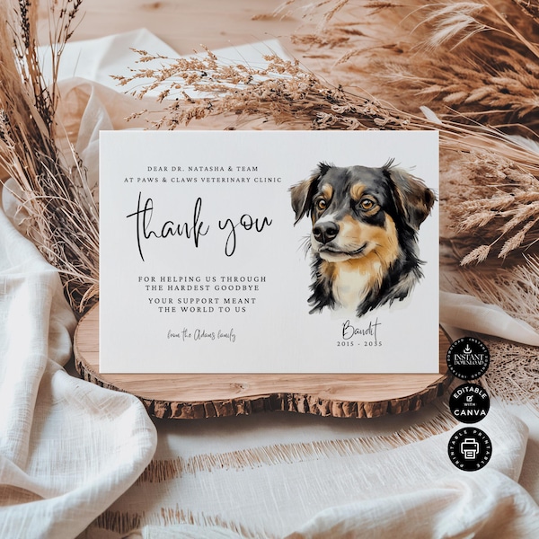 Thank You Card to Veterinarian Template, Dogs, Puppy, Gratitude, Animal Hospital, Printable, Inst. Download, Gift For Vet, Canva 7x5", TY46