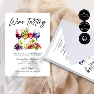 Plantilla de invitación para cata de vinos, fiesta del vino, invitación para cata de vinos a ciegas, fiesta casera, edición imprimible en Canva de 5 x 7 pulgadas, descarga instantánea, P04 imagen 3