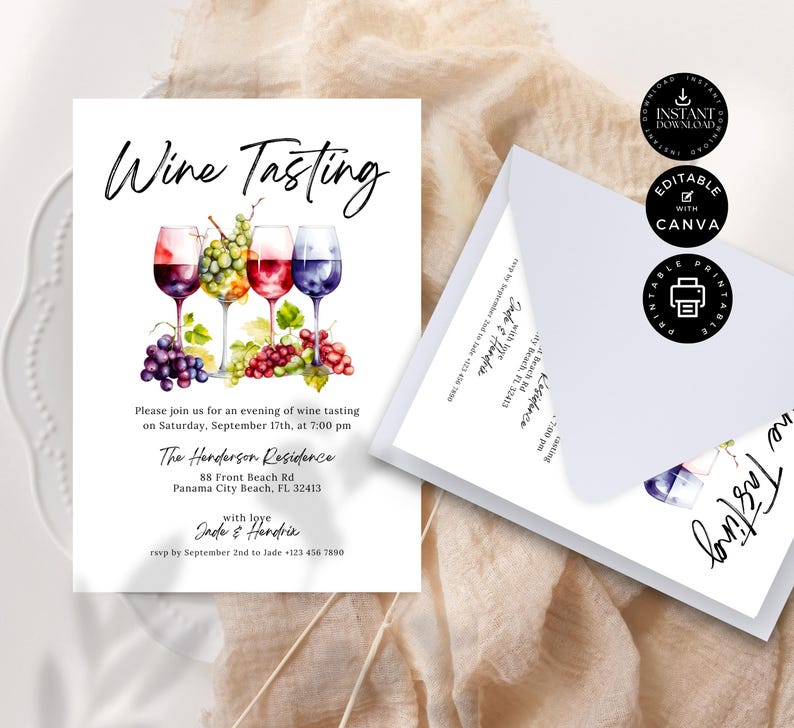Plantilla de invitación para cata de vinos, fiesta del vino, invitación para cata de vinos a ciegas, fiesta casera, edición imprimible en Canva de 5 x 7 pulgadas, descarga instantánea, P04 imagen 3