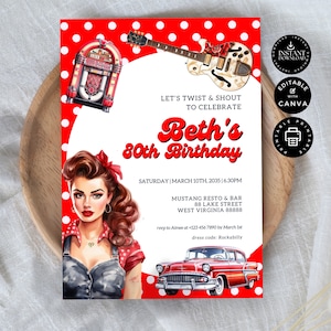 Modèle d'Invitation de fête d'anniversaire rockabilly rétro moderne, thème des années 1950, 80e carte d'invitation, imprimable, téléchargement immédiat et édition sur Canva 5 x 7", BD40