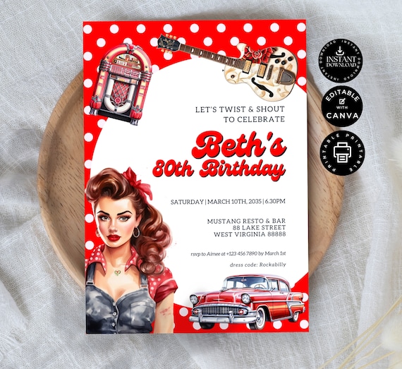 Modern Retro Rockabilly Birthday Party Invitation Template, 1950s Theme,  80th Card Invite, Printable, Inst Download Edit in Canva 5x7", BD40 - Etsy
