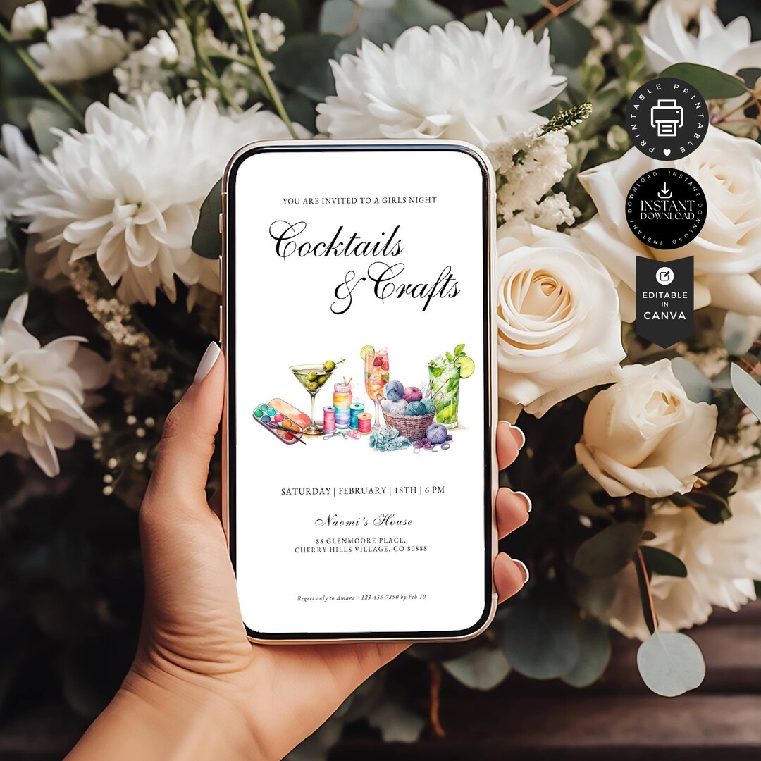 Modern Editable Cocktails & Crafts Party Invitation, Girls Night Out ...